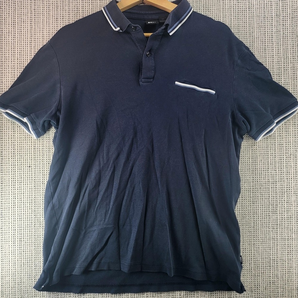 BOSS Polo Shirt Mens Large Navy Blue Tipped Collar Pocket Short Sleeve‎ Casual